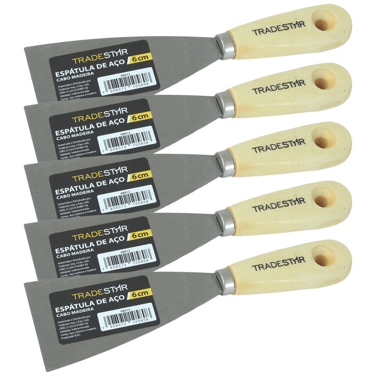 Kit 5 espátulas Tradestar de 6 cm com cabo de madeira, ideal para aplicação de massa corrida, gesso, drywall e trabalhos de acabamento. Ferramentas multiuso de aço carbono, duráveis e ergonômicas para profissionais e projetos DIY.