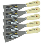 Kit 5 espátulas Tradestar de 6 cm com cabo de madeira, ideal para aplicação de massa corrida, gesso, drywall e trabalhos de acabamento. Ferramentas multiuso de aço carbono, duráveis e ergonômicas para profissionais e projetos DIY.