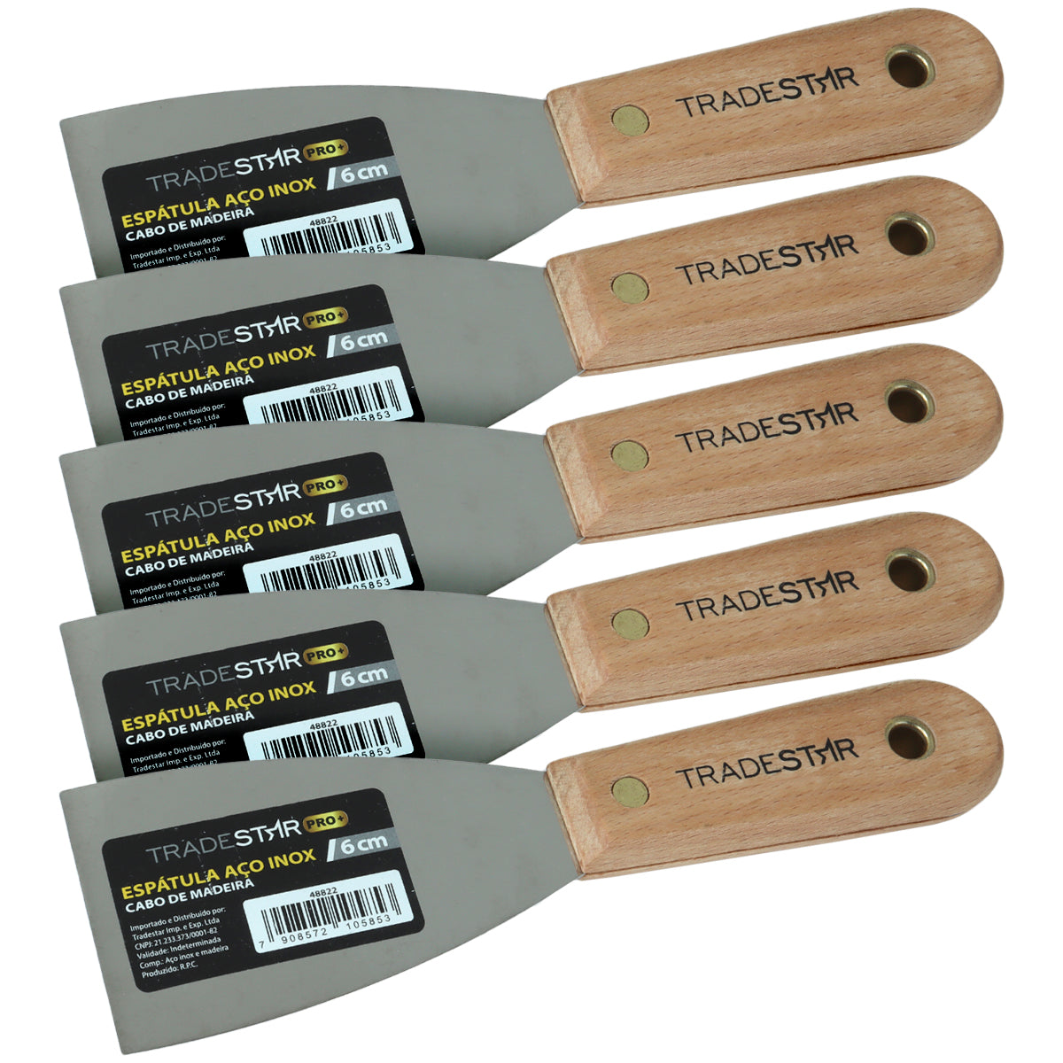Kit 5 Espátulas Tradestar 6cm em aço inox com cabo de madeira, ideal para uso em chapa, gesso e drywall. Ferramenta multiuso para acabamento e construção, com lâmina resistente e cabo ergonômico.