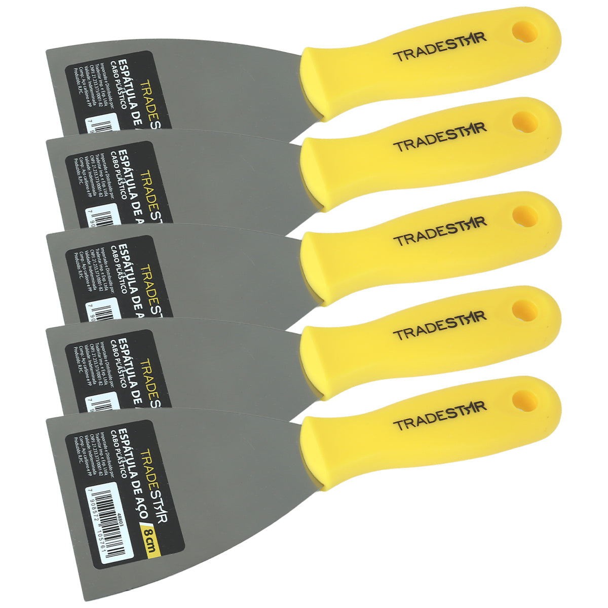 Kit 5 espátulas multiuso de 8 cm com cabo amarelo de plástico, ideal para pintor, gesso e drywall. Ferramenta Tradestar para aplicação de massa, tinta e acabamento. Lâmina de aço resistente e cabo ergonômico.