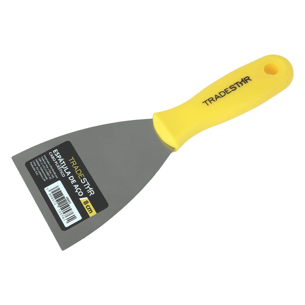 Kit 5 Espátula 8 cm Multiuso para Pintor, Gesso e Drywall. Espátula de aço com cabo plástico amarelo da marca Tradestar, ideal para preenchimento, alisamento e aplicação de tintas e massas em projetos de construção e artesanato.