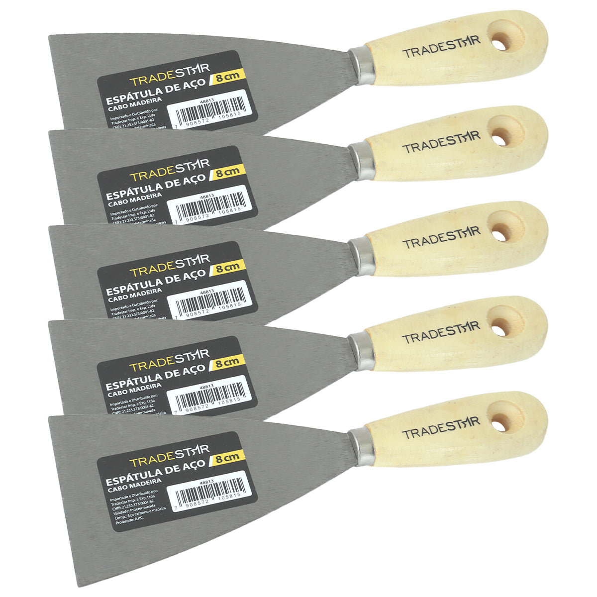 Kit 5 espátulas Tradestar de 8 cm com cabo de madeira, ideal para aplicação de massa corrida, gesso, drywall e trabalhos de pintura. Ferramenta multiuso de aço resistente para construção e artesanato.