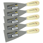 Kit 5 espátulas Tradestar de 8 cm com cabo de madeira, ideal para aplicação de massa corrida, gesso, drywall e trabalhos de pintura. Ferramenta multiuso de aço resistente para construção e artesanato.