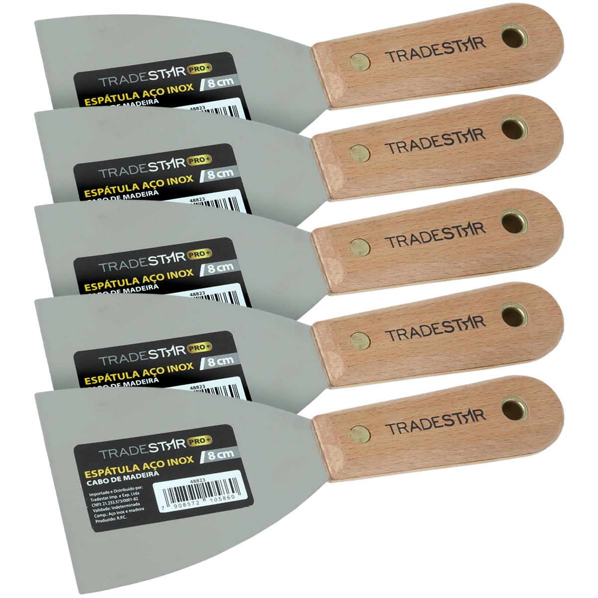 Kit 5 Espátulas 8cm Aço Inox Tradestar com cabo de madeira, ideal para chapa, gesso e drywall. Ferramentas multiuso de alta qualidade e durabilidade para profissionais e projetos de construção e reforma.