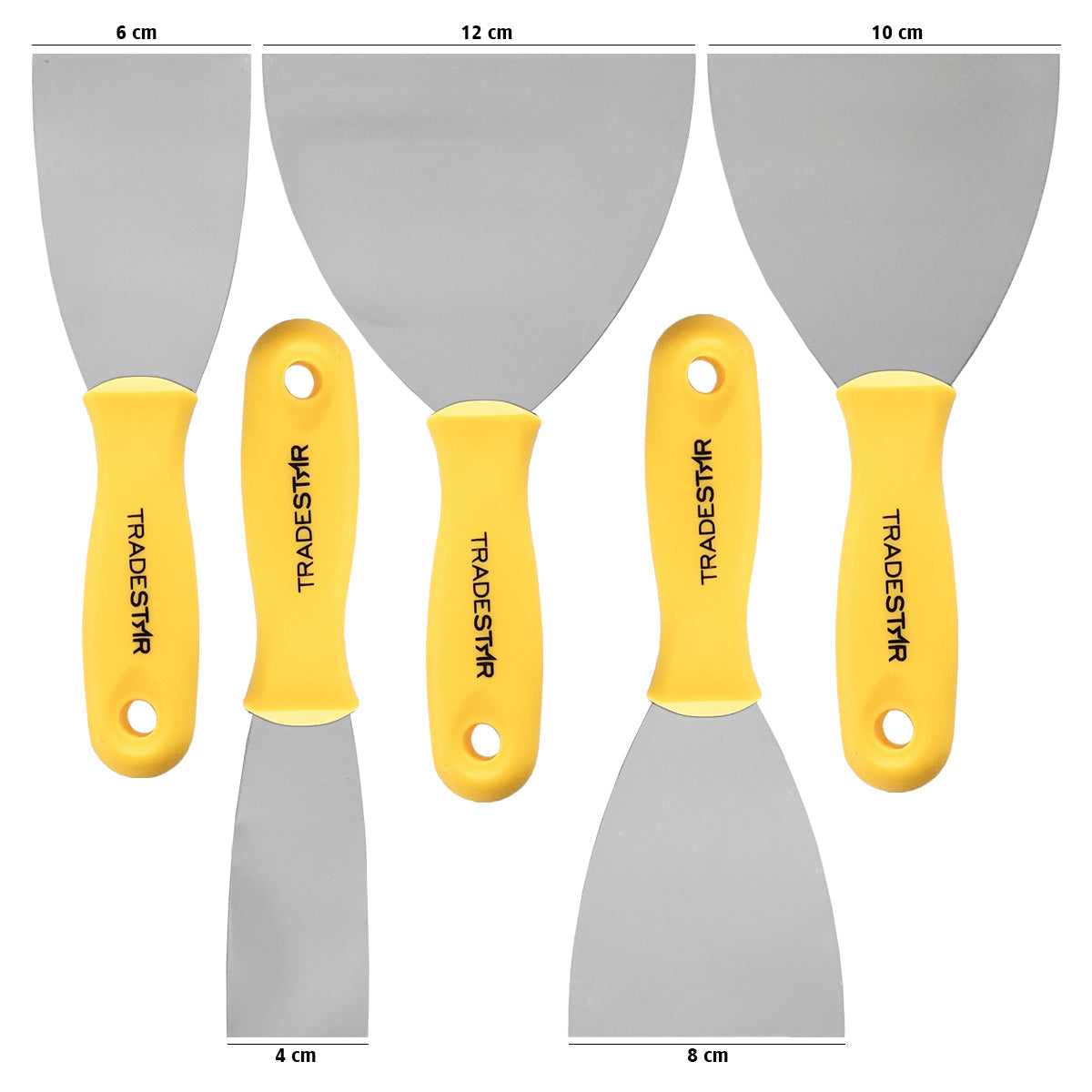 Kit 5 espátulas de aço multiuso Tradestar para massa, cola e gesso, com tamanhos de 4, 6, 8, 10 e 12 cm. Ferramentas ideais para pintura e drywall, com cabos ergonômicos amarelos.