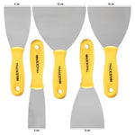 Kit 5 espátulas de aço multiuso Tradestar para massa, cola e gesso, com tamanhos de 4, 6, 8, 10 e 12 cm. Ferramentas ideais para pintura e drywall, com cabos ergonômicos amarelos.