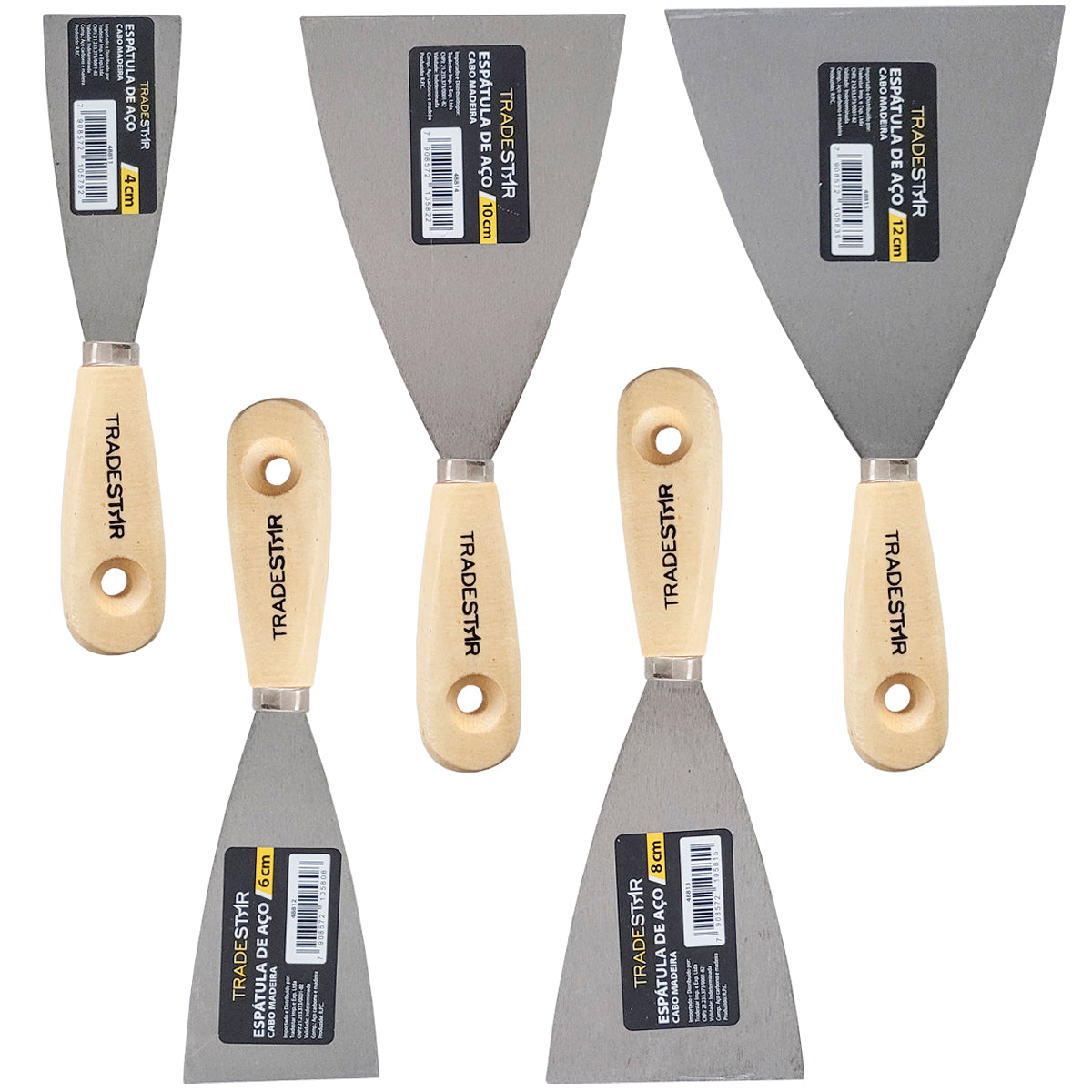 Kit 5 Espátulas Tradestar para diversas aplicações: 4, 6, 8, 10 e 12 cm. Ferramentas de aço com cabo de madeira, ideais para massa corrida, drywall, pintura e projetos de bricolagem. Kit completo para profissionais e amadores.