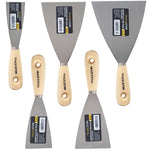 Kit 5 Espátulas Tradestar para diversas aplicações: 4, 6, 8, 10 e 12 cm. Ferramentas de aço com cabo de madeira, ideais para massa corrida, drywall, pintura e projetos de bricolagem. Kit completo para profissionais e amadores.