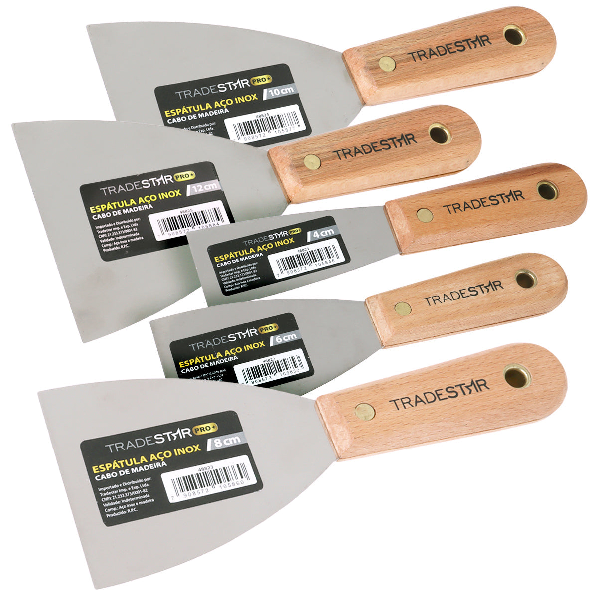 Kit 5 espátulas Tradestar multiuso de aço inox com cabos de madeira, tamanhos 4, 6, 8, 10 e 12 cm. Ferramentas profissionais para drywall, resistentes à corrosão e duráveis.