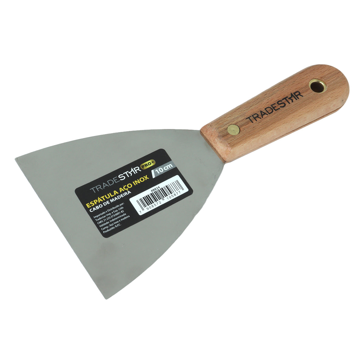 Kit 5 Espátulas Tradestar em aço inox multiuso para drywall, com tamanhos 4, 6, 8, 10 e 12 cm. Ferramentas profissionais com cabo de madeira, resistentes à corrosão e duráveis, ideais para acabamento e precisão em diversas aplicações.