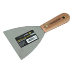 Kit 5 Espátulas Tradestar em aço inox multiuso para drywall, com tamanhos 4, 6, 8, 10 e 12 cm. Ferramentas profissionais com cabo de madeira, resistentes à corrosão e duráveis, ideais para acabamento e precisão em diversas aplicações.