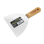 Kit 5 Espátulas Tradestar em aço inox multiuso para drywall, com tamanhos 4, 6, 8, 10 e 12 cm. Ferramentas profissionais com cabo de madeira, ideais para aplicação de massa corrida e acabamentos em construção e reforma.