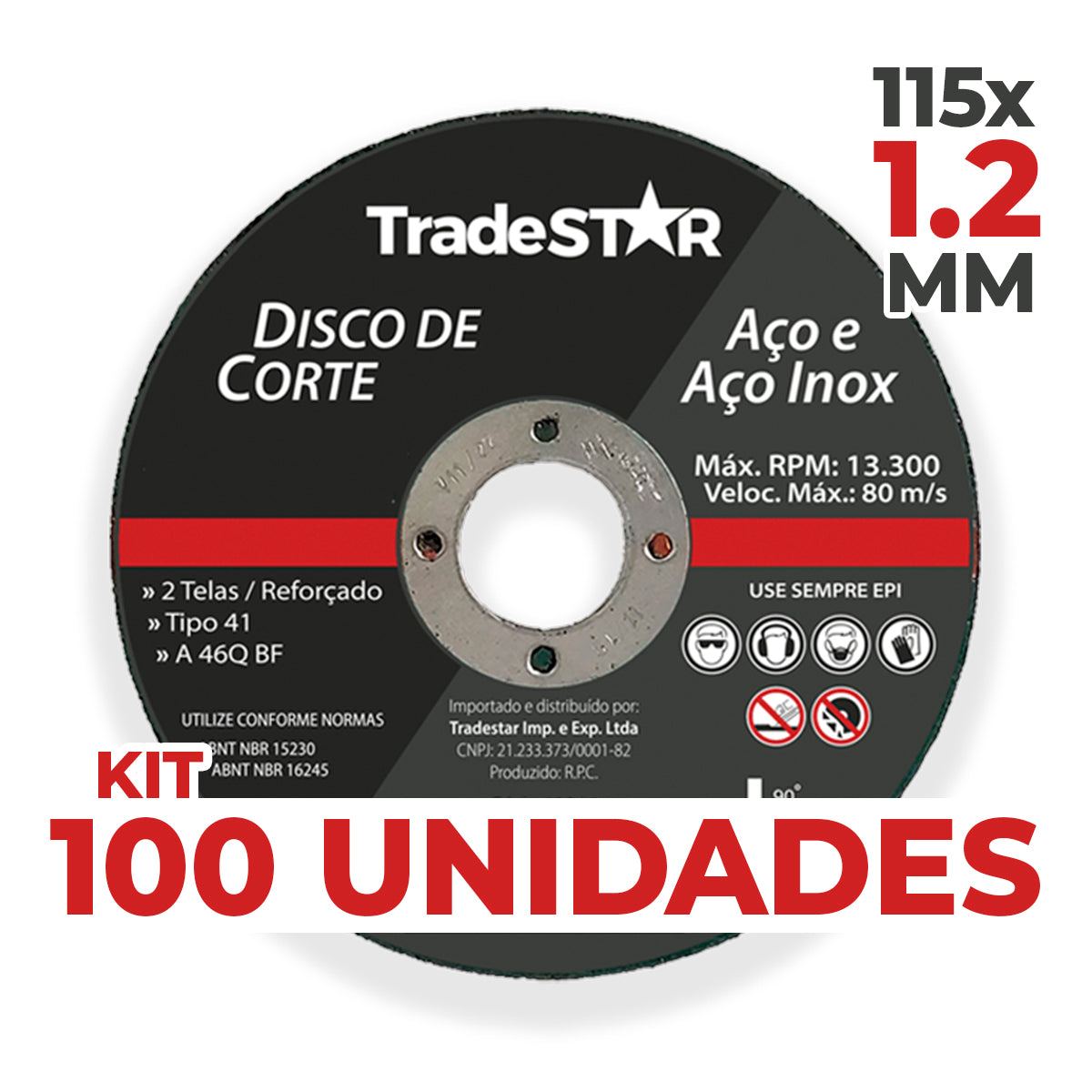 Disco de Corte Fino Inox 4.1/2 x 1,2 mm 100 Peças Tradestar - Ideal para esmerilhadeira, cortes precisos em aço inox, ferro e outros metais. Disco abrasivo reforçado, alta durabilidade e eficiência. Kit com 100 unidades.