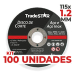 Disco de Corte Fino Inox 4.1/2 x 1,2 mm 100 Peças Tradestar - Ideal para esmerilhadeira, cortes precisos em aço inox, ferro e outros metais. Disco abrasivo reforçado, alta durabilidade e eficiência. Kit com 100 unidades.