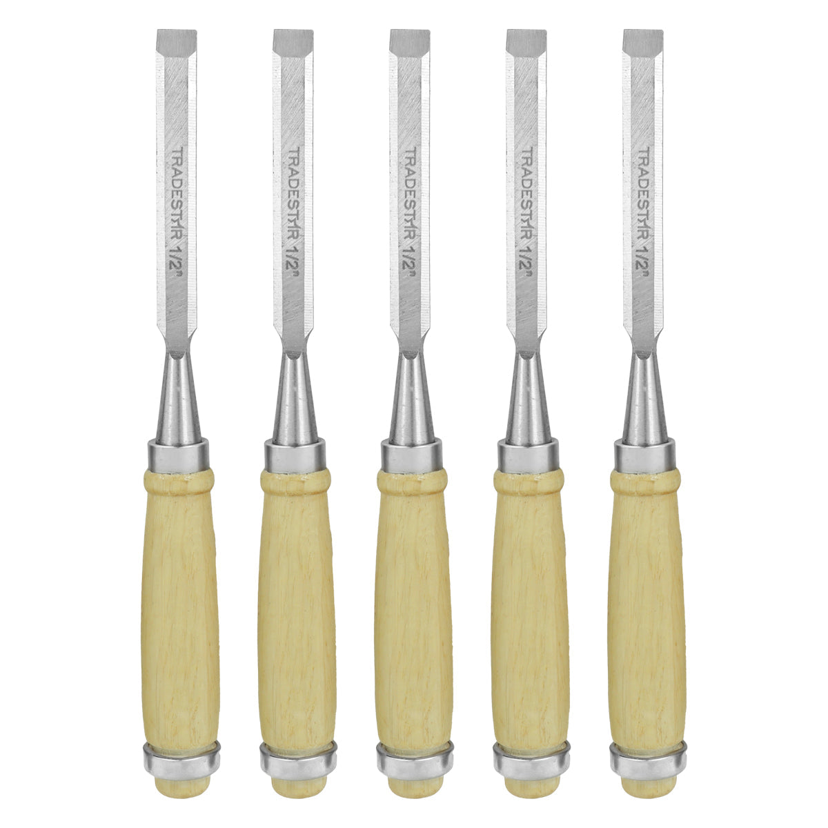 Kit 5 Formão Madeira Corte Entalhe 1/2 Pol 12MM Tradestar - Conjunto de formões Tradestar com lâminas de aço e cabos ergonômicos de madeira, ideal para entalhes, marcenaria e carpintaria. Ferramentas manuais de alta qualidade para artesãos e entusiastas DIY.