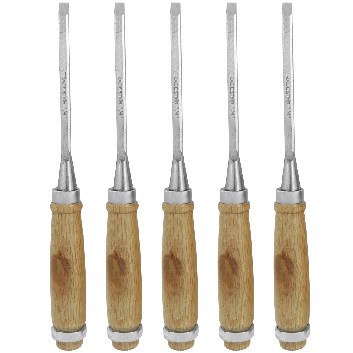 Kit 5 Formão para Madeira Corte e Entalhe 1/4 Pol Tradestar - Ferramentas para marcenaria e artesanato, lâminas afiadas e cabo ergonômico para cortes precisos em madeira.