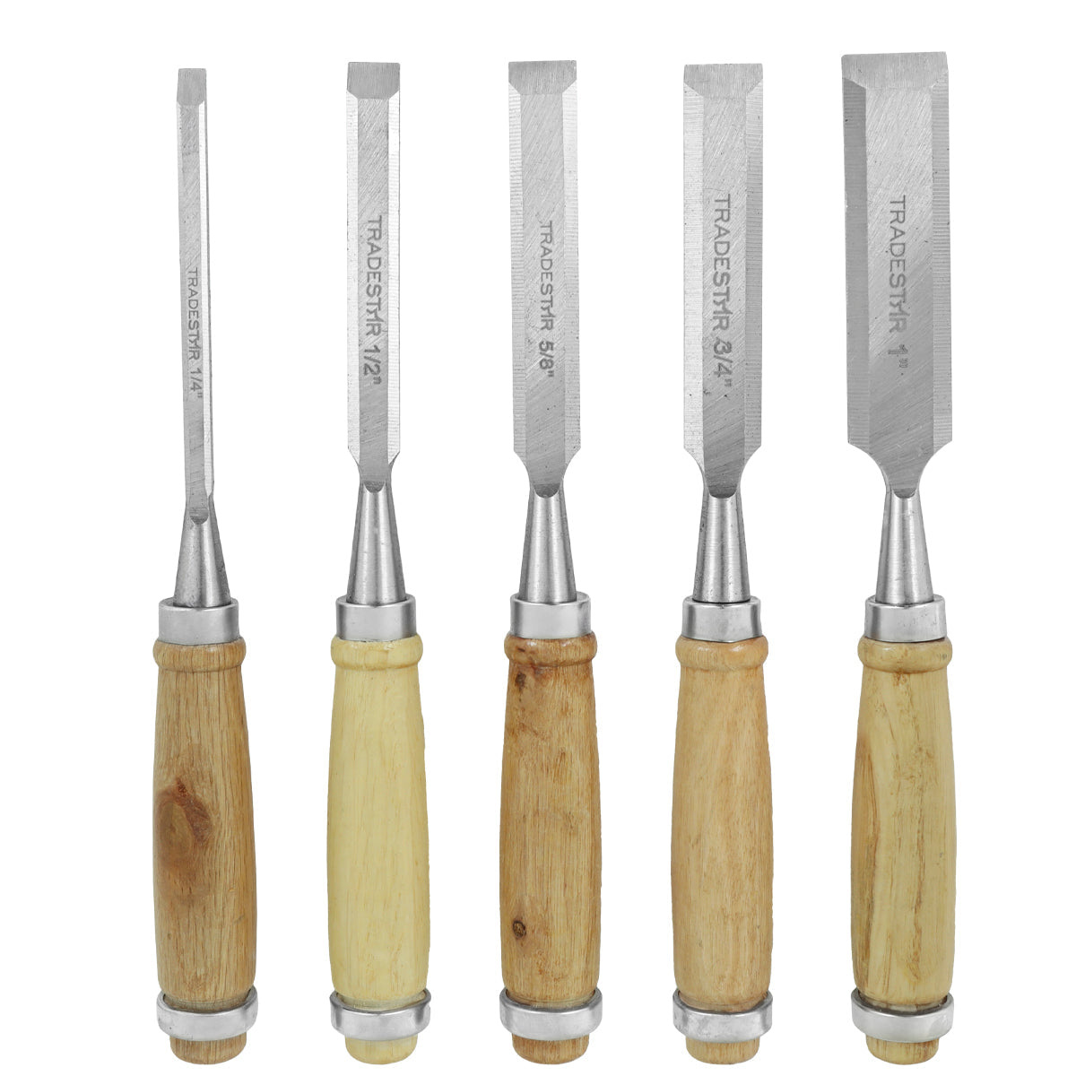 Kit 5 Formão Para Madeira Tradestar - Conjunto de formões de alta qualidade com tamanhos variados (1", 1/2", 1/4", 3/4" e 5/8") para marcenaria, carpintaria e trabalhos artesanais. Ferramentas duráveis e precisas para cortes em madeira.