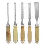 Kit 5 Formão Para Madeira Tradestar - Conjunto de formões de alta qualidade com tamanhos variados (1", 1/2", 1/4", 3/4" e 5/8") para marcenaria, carpintaria e trabalhos artesanais. Ferramentas duráveis e precisas para cortes em madeira.