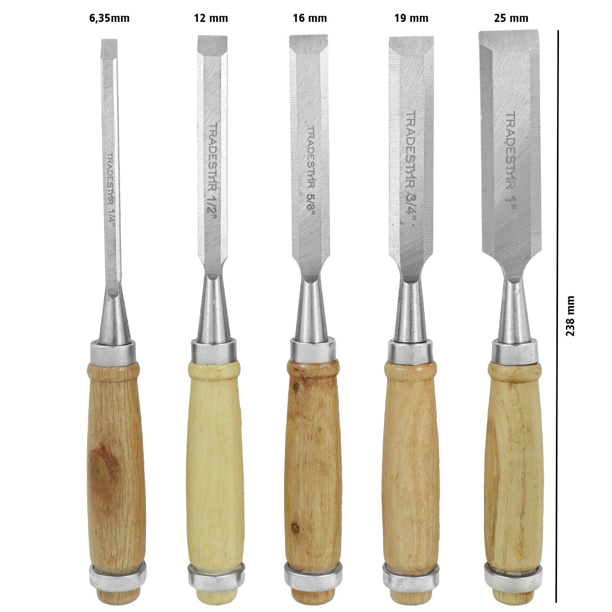 Kit 5 formões para madeira Tradestar, com tamanhos de 1", 1/2", 1/4", 3/4" e 5/8". Ferramentas de alta qualidade para marcenaria, carpintaria e trabalhos artesanais em madeira. Formões com cabos ergonômicos, ideais para cortes precisos e detalhados. Inclui formões de aço duráveis e fáceis de afiar.
