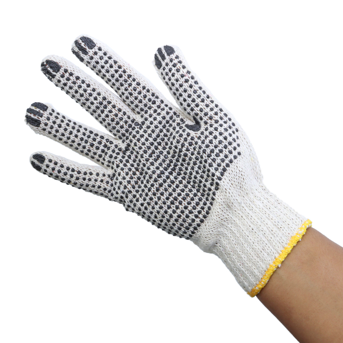 Luva de pano tricotada de malha pigmentada branca, par EPI com 5 unidades. Luva de proteção TradeStar, ideal para trabalhos manuais, industriais e jardinagem. Luva branca com pigmentos pretos na palma e dedos, oferecendo maior aderência e segurança.