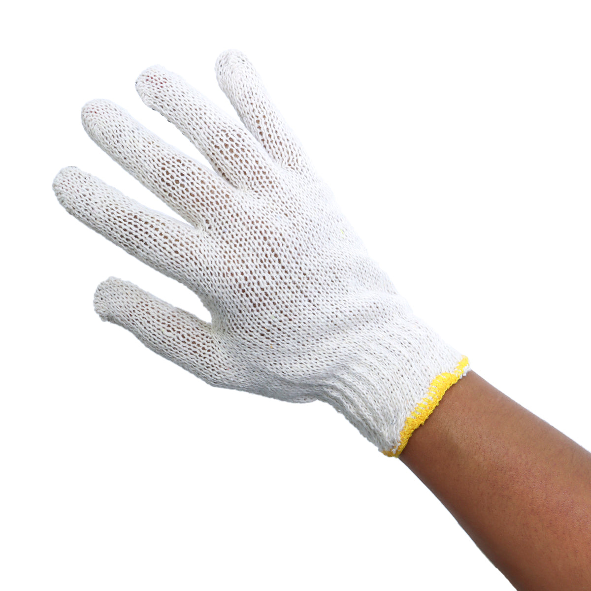 Luva de pano tricotada de malha pigmentada branca, ideal para proteção das mãos em trabalhos manuais, industriais e jardinagem. Kit com 5 pares, EPI TradeStar, confortável e durável.