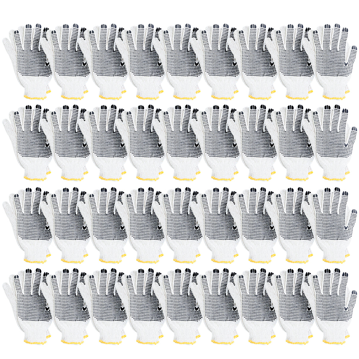 Kit com 36 pares de luvas de pano tricotada branca com pigmentos pretos, EPI TradeStar. Luvas de malha 10 polegadas ideais para trabalhos manuais, industriais e jardinagem. Oferece proteção e conforto para as mãos.
