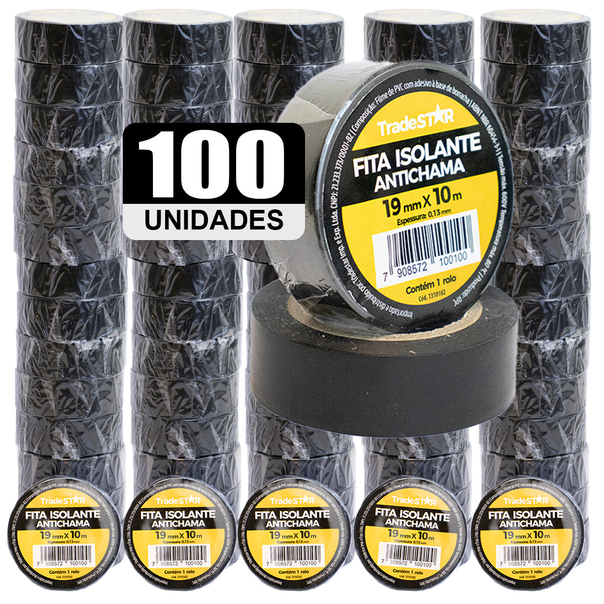 Kit com 100 rolos de fita isolante antichama preta Tradestar 19mm x 10m, ideal para isolamento elétrico, proteção de fios e cabos, e organização. Fita de PVC de alta qualidade, resistente a até 80°C e com isolamento de até 600V. Perfeita para projetos elétricos e aplicações diversas.