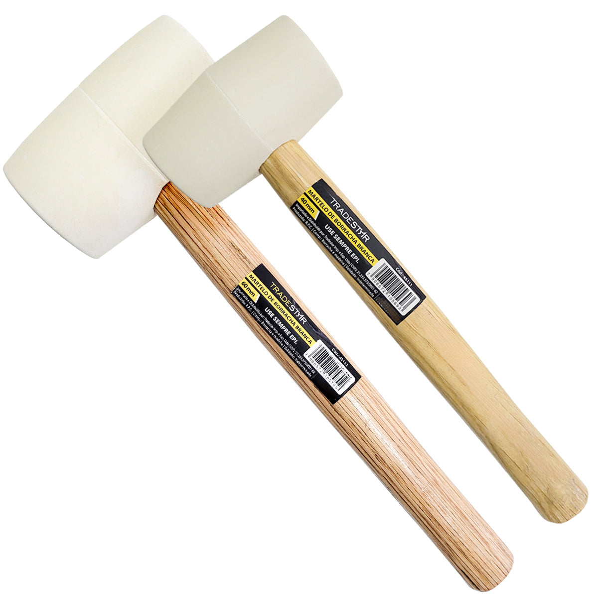 Kit 2 Martelos de Borracha Branco Tradestar para Assentar Piso (40mm e 60mm) - Ferramentas para instalação de pisos de cerâmica, porcelanato e outros, com cabos de madeira e cabeças de borracha branca para não danificar o material.