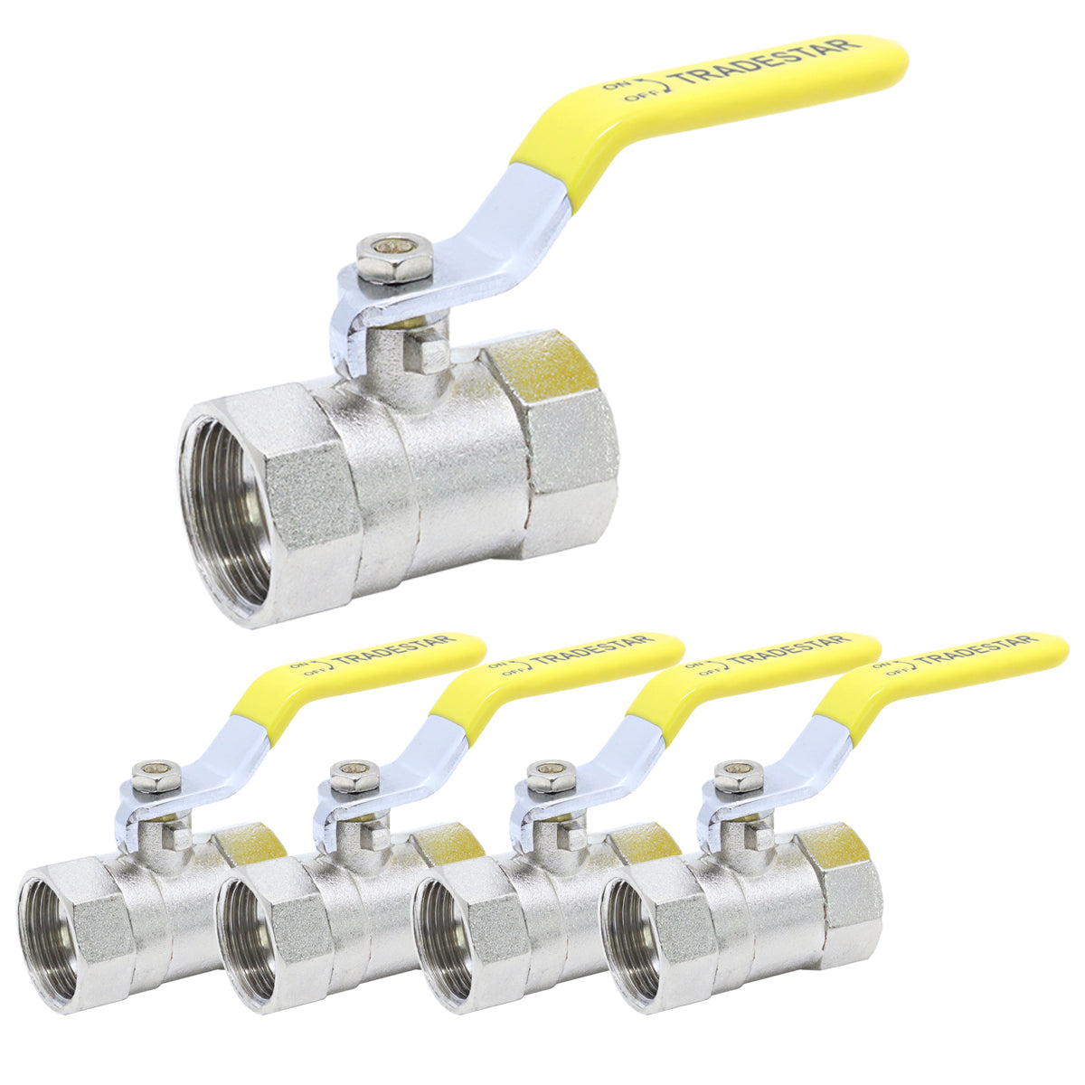 Kit com 5 registros de esfera Tradestar com alavanca amarela e corpo em liga de zinco, conexão 3/4. Ideal para controle de fluxo de água em sistemas hidráulicos.