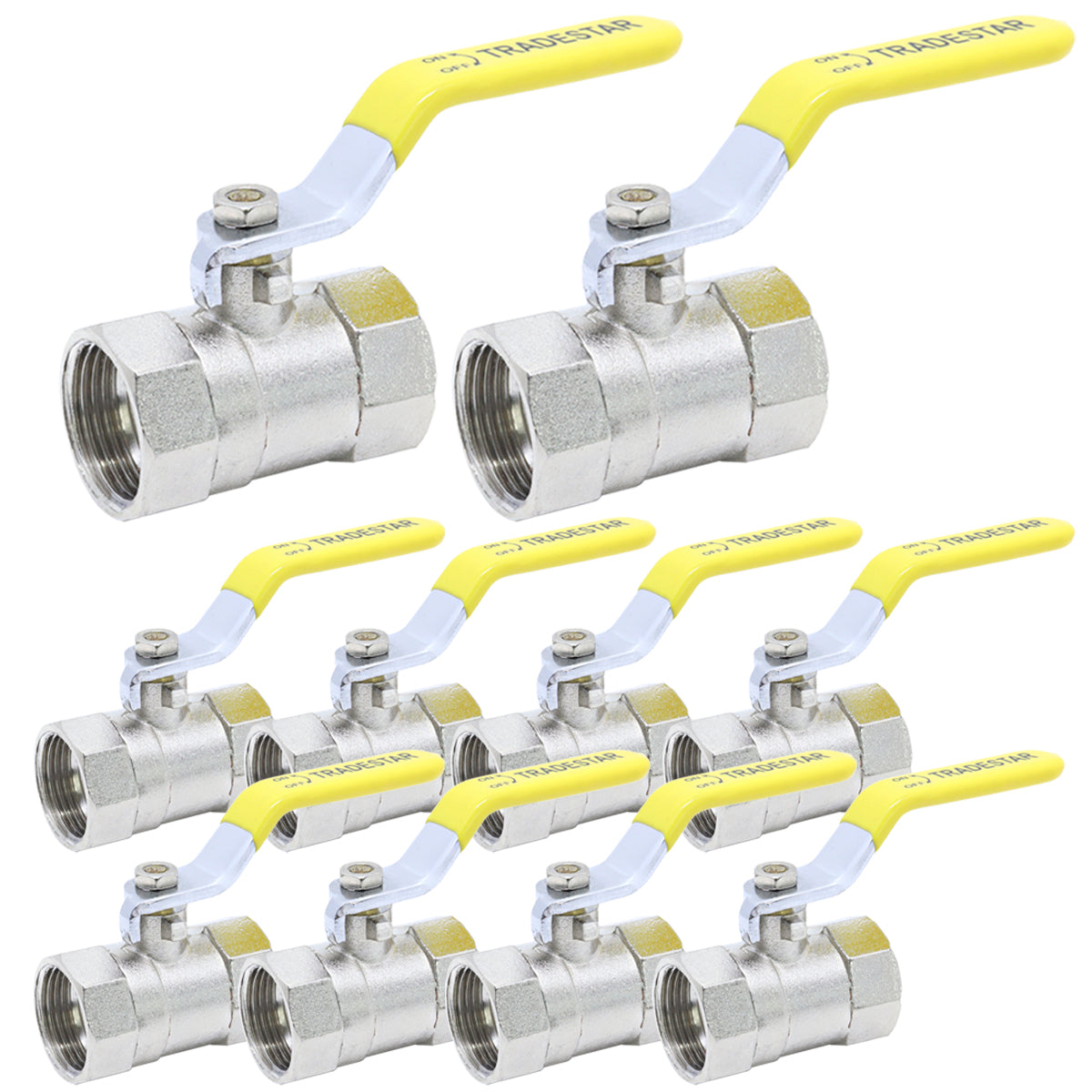 Kit 10 Registros de Esfera Tradestar com Alavanca 3/4 em liga de zinco, ideal para controle de fluxo de água em sistemas hidráulicos residenciais e comerciais. Registro de esfera com alavanca amarela e corpo metálico resistente à corrosão.