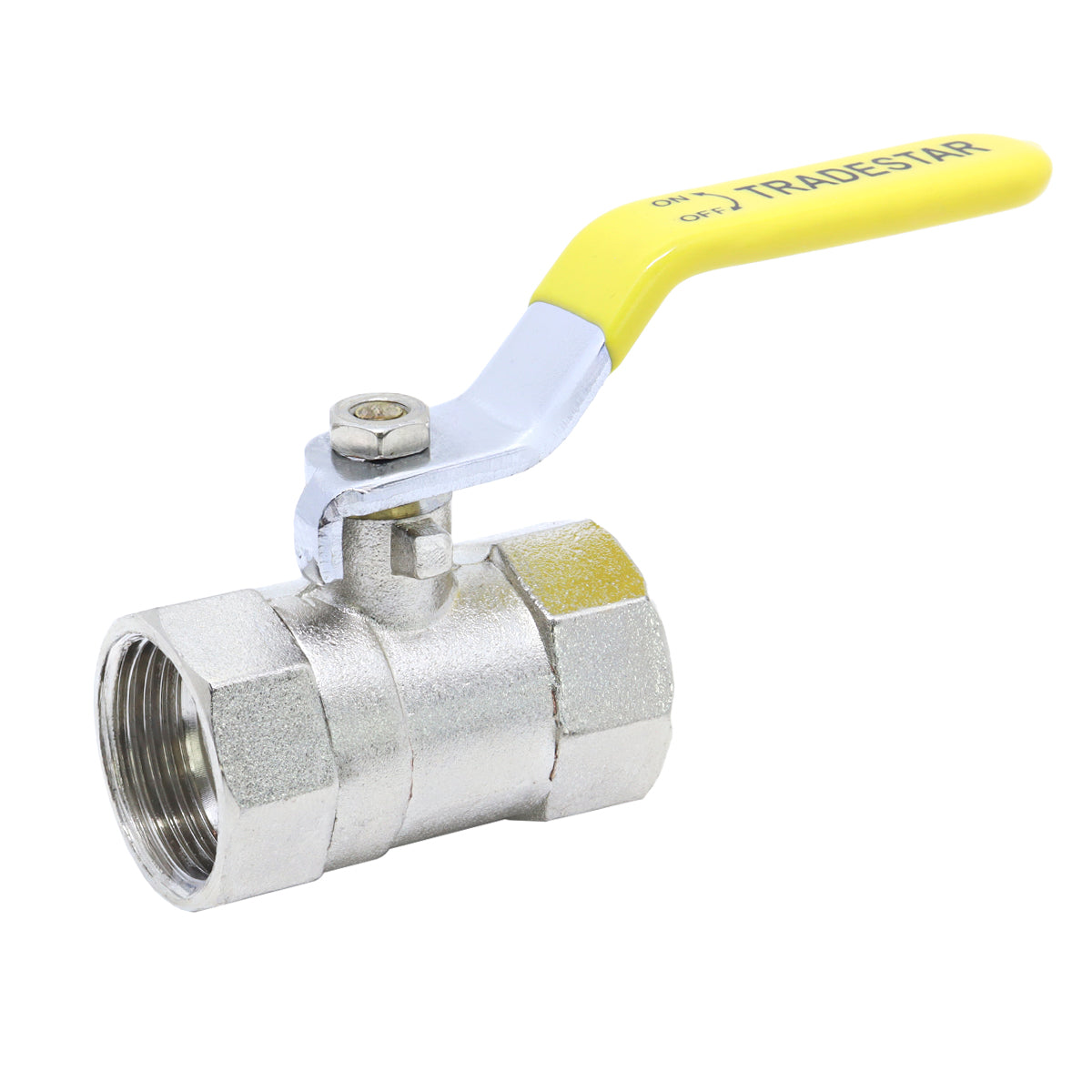Registro de esfera Tradestar com alavanca 3/4 em liga de zinco, ideal para controle preciso do fluxo de água em sistemas hidráulicos residenciais e comerciais. Kit com 10 unidades.