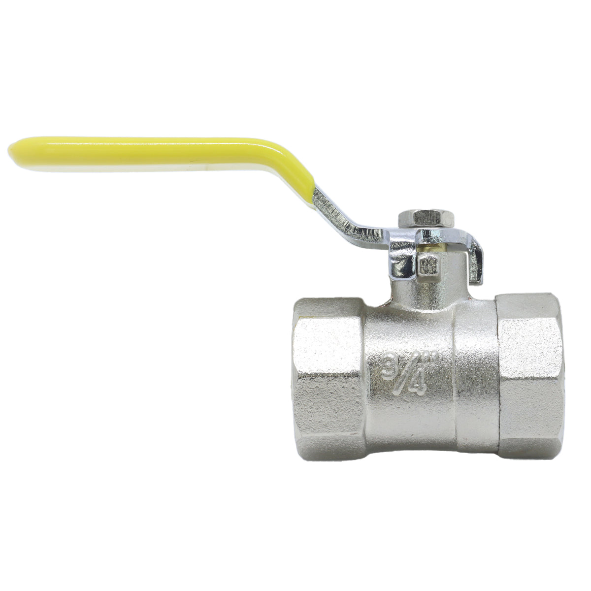 Registro de esfera Tradestar 3/4 com alavanca amarela, feito em liga de zinco, ideal para controle de fluxo de água em sistemas hidráulicos. Kit com 10 unidades.