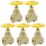 Kit com 5 registros de gaveta 20mm 3/4 polegada em latão Tradestar, ideal para controle de fluxo de água em instalações hidráulicas. Válvulas de alta durabilidade e fácil instalação, com manopla amarela para operação.