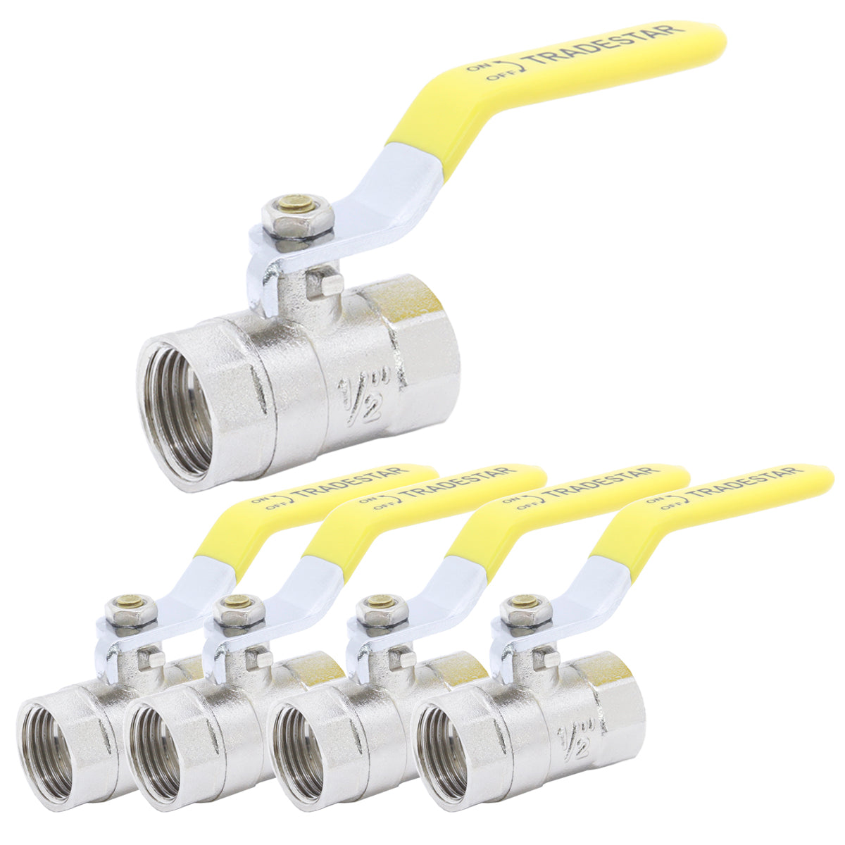 Kit com 5 registros de esfera em metal 1/2 polegada Tradestar, fabricados em liga de zinco, com manopla amarela e corpo prateado. Ideal para controle de fluxo em instalações hidráulicas.