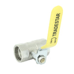 Kit com 5 registros esfera metal 1/2 polegada Tradestar, fabricados em liga de zinco, ideal para controle de fluxo em instalações hidráulicas. Registro de esfera com manopla amarela, mostrando a marca Tradestar e indicações de "ON" e "OFF".