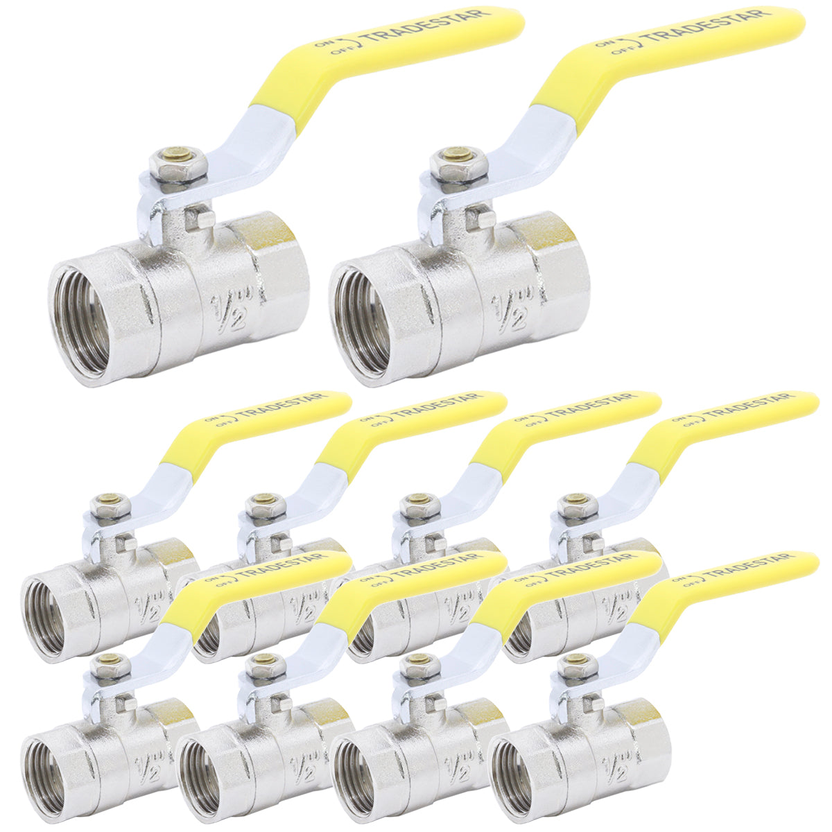 Kit com 10 registros de esfera em metal Tradestar de 1/2 polegada, fabricados em liga de zinco, com manopla amarela. Ideal para controle preciso de fluxo em sistemas hidráulicos.