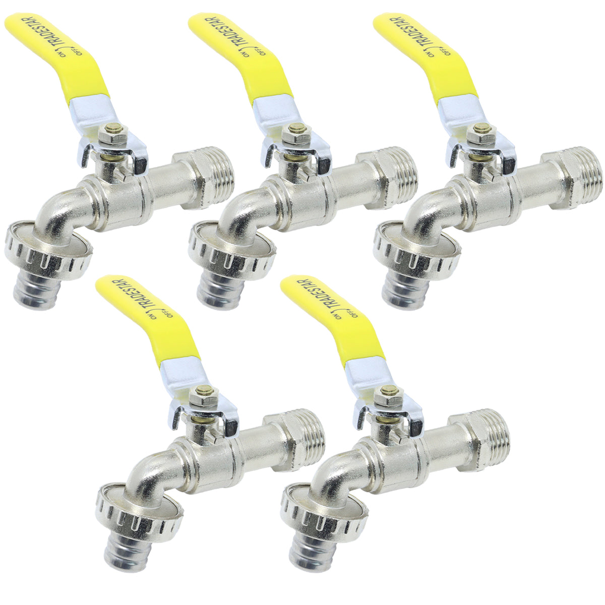 Kit com 5 Torneiras Esfera para Jardim Tradestar com bico 1/2 x 3/4 em metal. Ideal para uso externo, com design resistente e elegante, perfeito para conectar mangueiras e facilitar a irrigação.