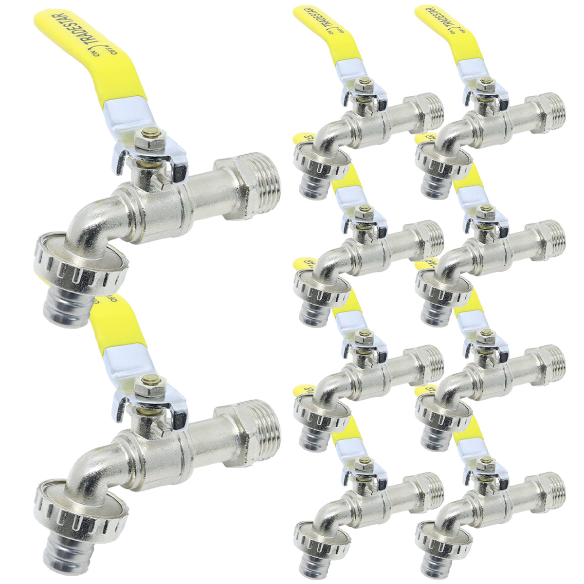 10 Torneiras Esfera para Jardim Tradestar com Bico 1/2x3/4 Metal - Kit com 10 torneiras de esfera Tradestar, ideal para jardim, com bico para mangueira, metal resistente e design elegante. Perfeitas para irrigação e limpeza externa.