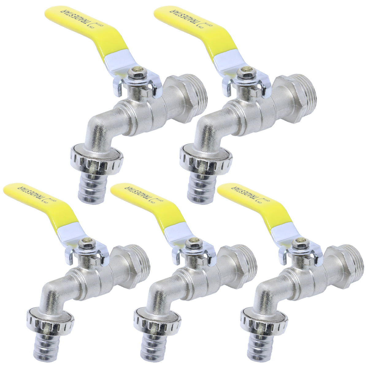 Kit com 5 Torneiras Esfera para Jardim Tradestar com bico 3/4x3/4 em metal. Ideal para uso externo, com design elegante e instalação simplificada. Garante fluxo de água constante e confiável. Perfeito para irrigação e jardinagem.