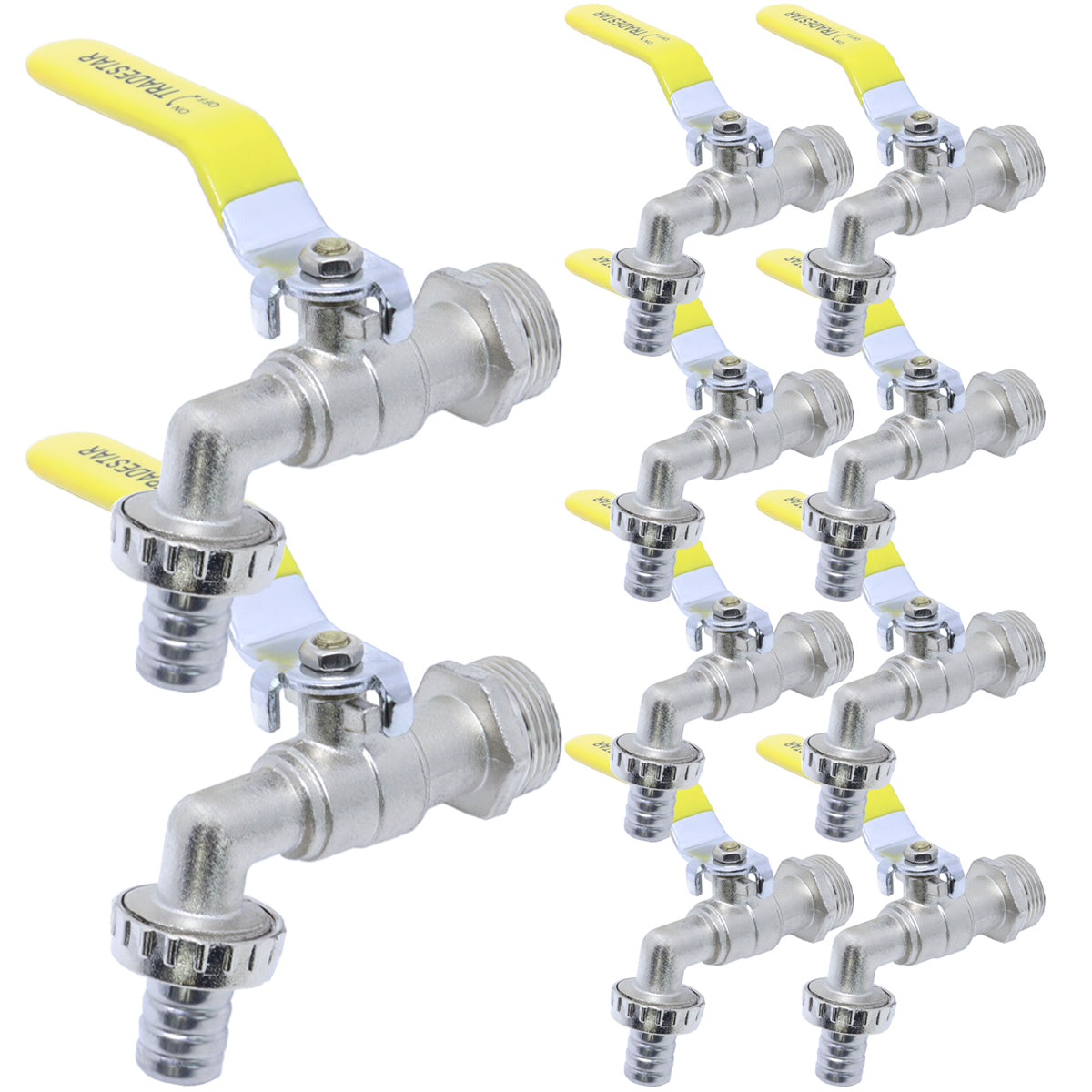 Kit com 10 torneiras esfera para jardim Tradestar, 3/4x3/4, metal, com bico. Ideal para uso externo, resistente e com design elegante. Inclui sistema de esfera para fechamento hermético e fácil instalação.
