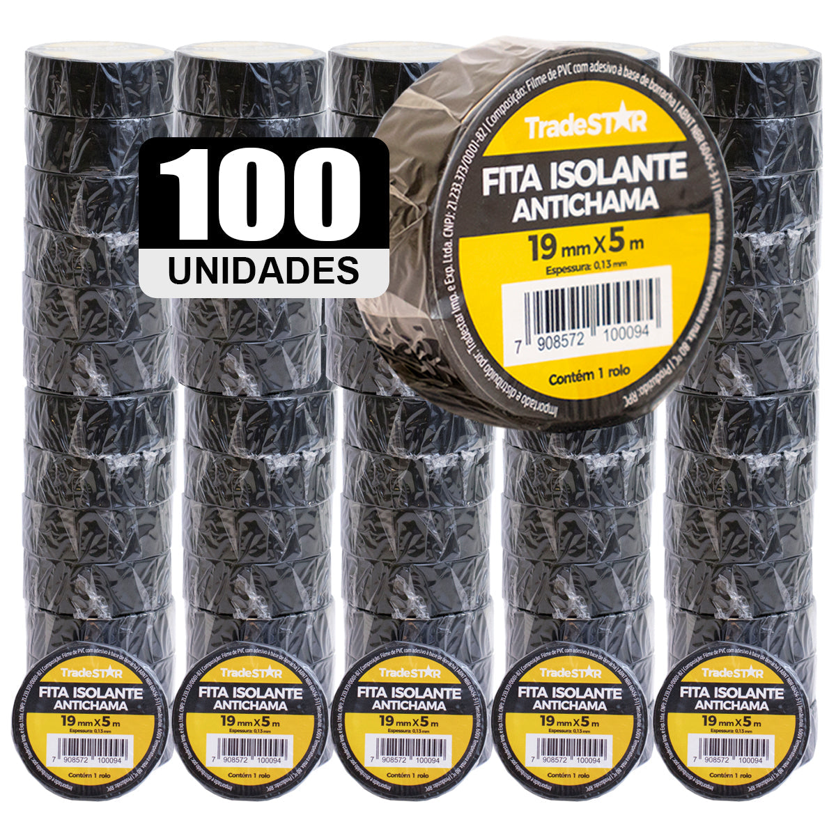 Kit com 100 rolos de fita isolante antichama preta Tradestar 19mm x 5m, ideal para isolamento elétrico, proteção de fios e cabos, com alta resistência e durabilidade. Fita de PVC, suporta até 600V e 80°C.