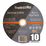Kit 10 Discos de Corte Fino Inox 7" Tradestar para esmerilhadeira, 1,6mm de espessura, ideal para cortes precisos em aço e aço inox. Disco abrasivo reforçado, tipo 41, com 2 telas, 180mm x 22,23mm. Ferramenta para serralheria e metalurgia. Acompanha 10 unidades.