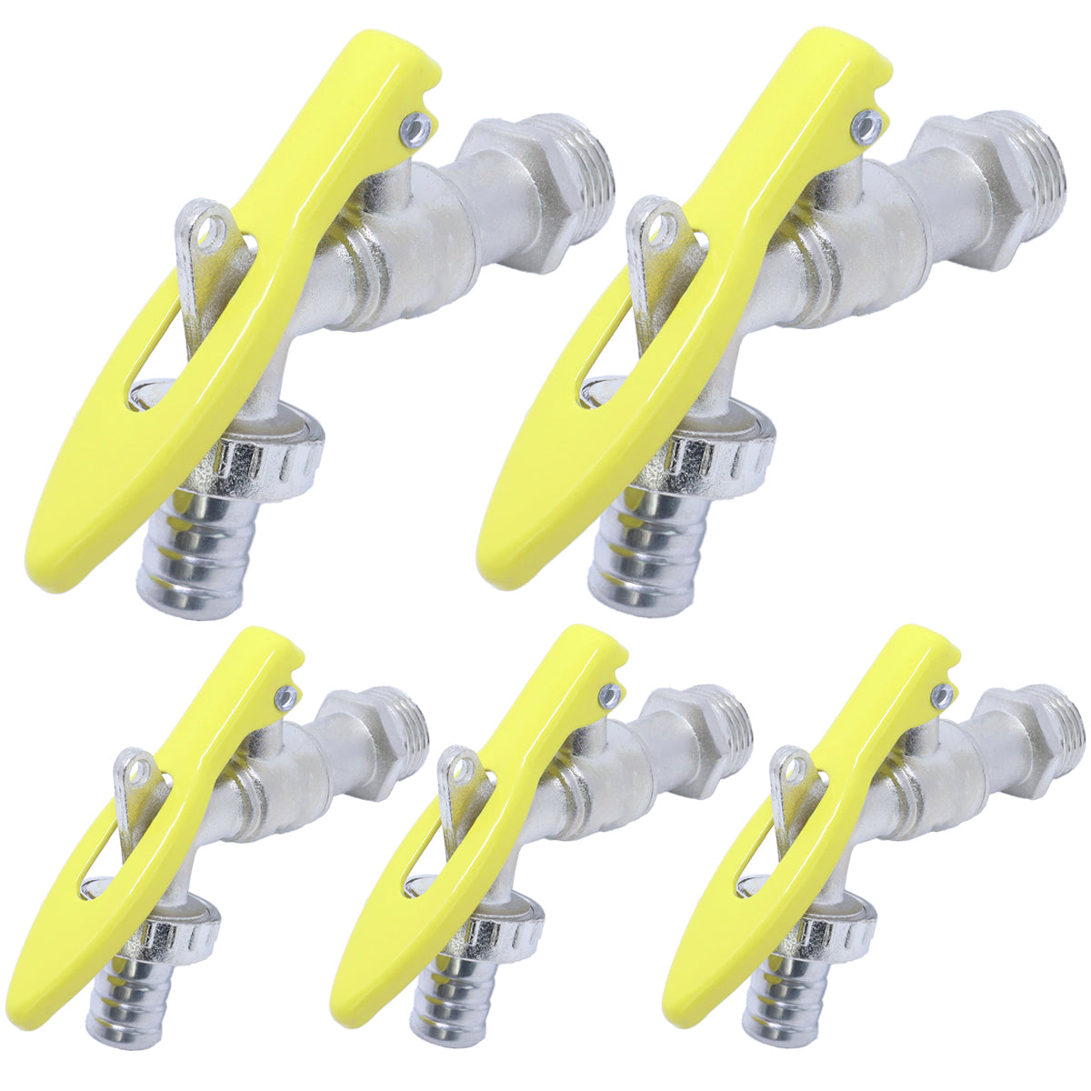 Kit com 5 torneiras para jardim esfera 1/2" com porta cadeado Tradestar. Torneiras de metal com alavanca amarela, ideal para segurança e controle de água em áreas externas como jardins e quintais.