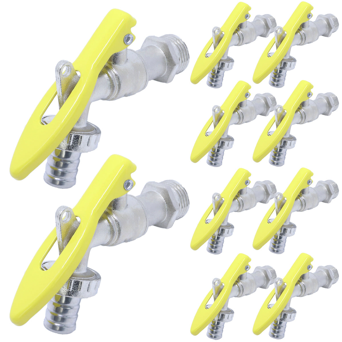 Kit com 10 torneiras para jardim Tradestar com esfera de 1/2 polegada e porta cadeado. Torneiras de metal com alavanca amarela, ideal para segurança e controle de água em áreas externas como jardins e quintais.