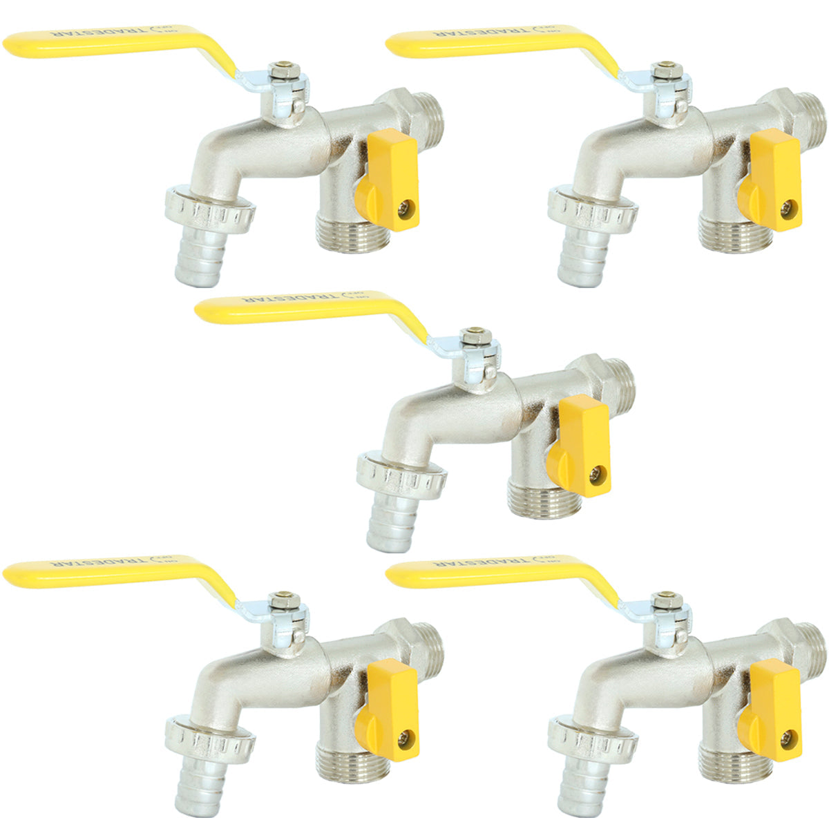 Kit com 5 Torneiras Esfera Tradestar para Tanque e Máquina, com duas saídas de 1/2" x 3/4", ideal para otimizar espaço na área de serviço. Torneiras com mecanismo de esfera para abertura e fechamento suaves e durabilidade Tradestar.