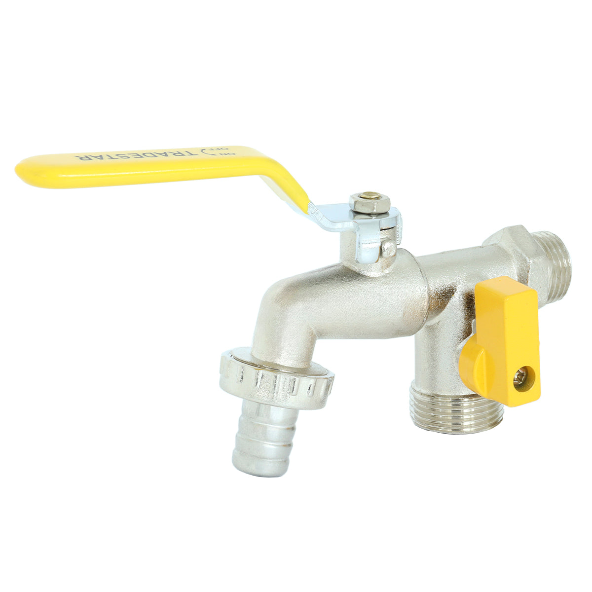 Kit com 5 Torneiras Esfera Tradestar para Tanque e Máquina com 2 Saídas 1/2x3/4. Torneira de esfera com design durável e elegante, ideal para otimizar sua área de serviço. Inclui bico para mangueira e conexão para máquina de lavar.