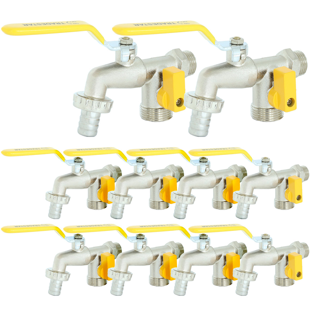 Kit com 10 torneiras esfera Tradestar para tanque e máquina com duas saídas de 1/2x3/4. Torneiras de metal com alavanca amarela, ideal para otimizar espaço e facilitar a instalação em áreas de serviço.