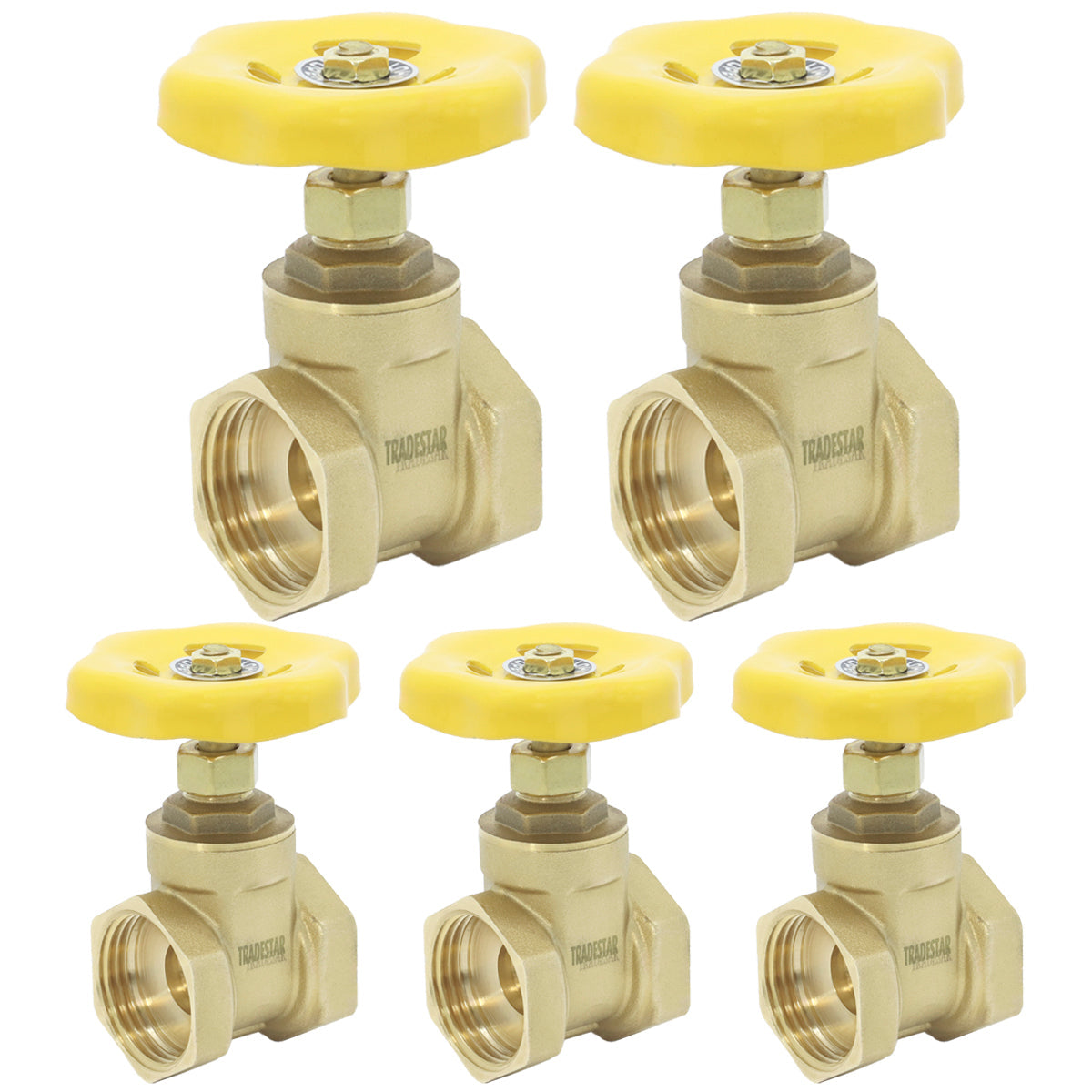 Kit 5 Válvulas Registro de Gaveta 1 Polegada Bruto Tradestar - Conjunto de 5 registros de gaveta em latão com volante amarelo, ideal para controle de fluxo em sistemas hidráulicos, resistente e durável.
