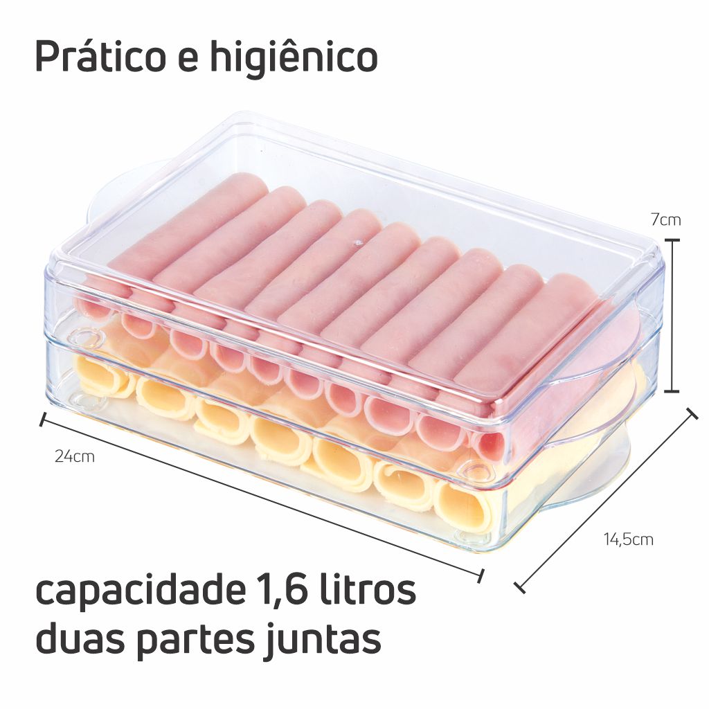 Porta Frios Empilhável 1,6L transparente com frios e queijos, ideal para organizar e conservar alimentos na geladeira. Medidas: 24x14,5x7cm. Uso geral.