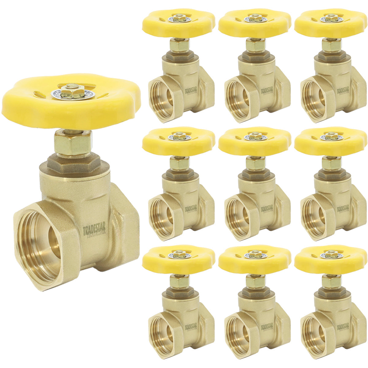 Kit 10 Válvulas Registro de Gaveta 1 Polegada Bruto Tradestar, conjunto de válvulas de bronze com volante amarelo, ideal para controle de fluxo em sistemas hidráulicos, aplicações industriais e encanamento.